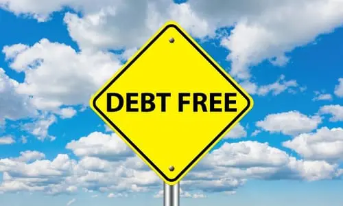 Debt free zone. Yellow road sign with debt free logo under blue sky.