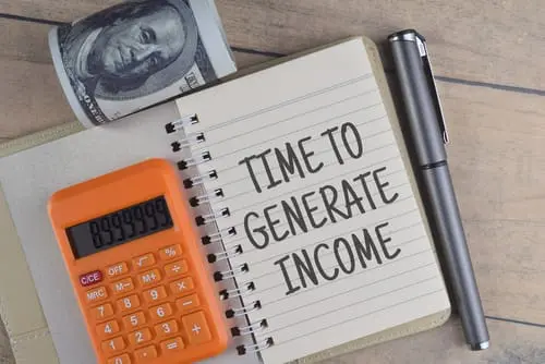 Top view book, calculator pen with Time To Generate Income phrase. Business concept