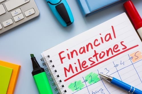 A notebook with notes and the words Financial Milestones symbolize goal setting and financial planning.