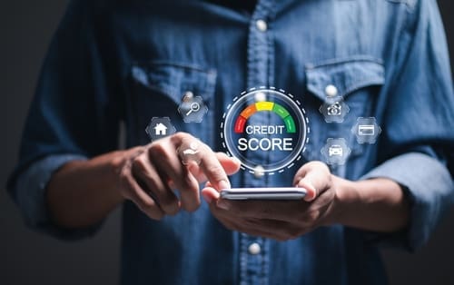 Credit score concept, Person use smartphone with virtual credit score icon for chart with credit history values.