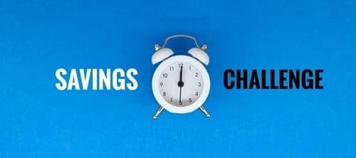 Savings Challenge on a blue background with a white alarm clock: Turn Small Changes into Big Financial Wins.