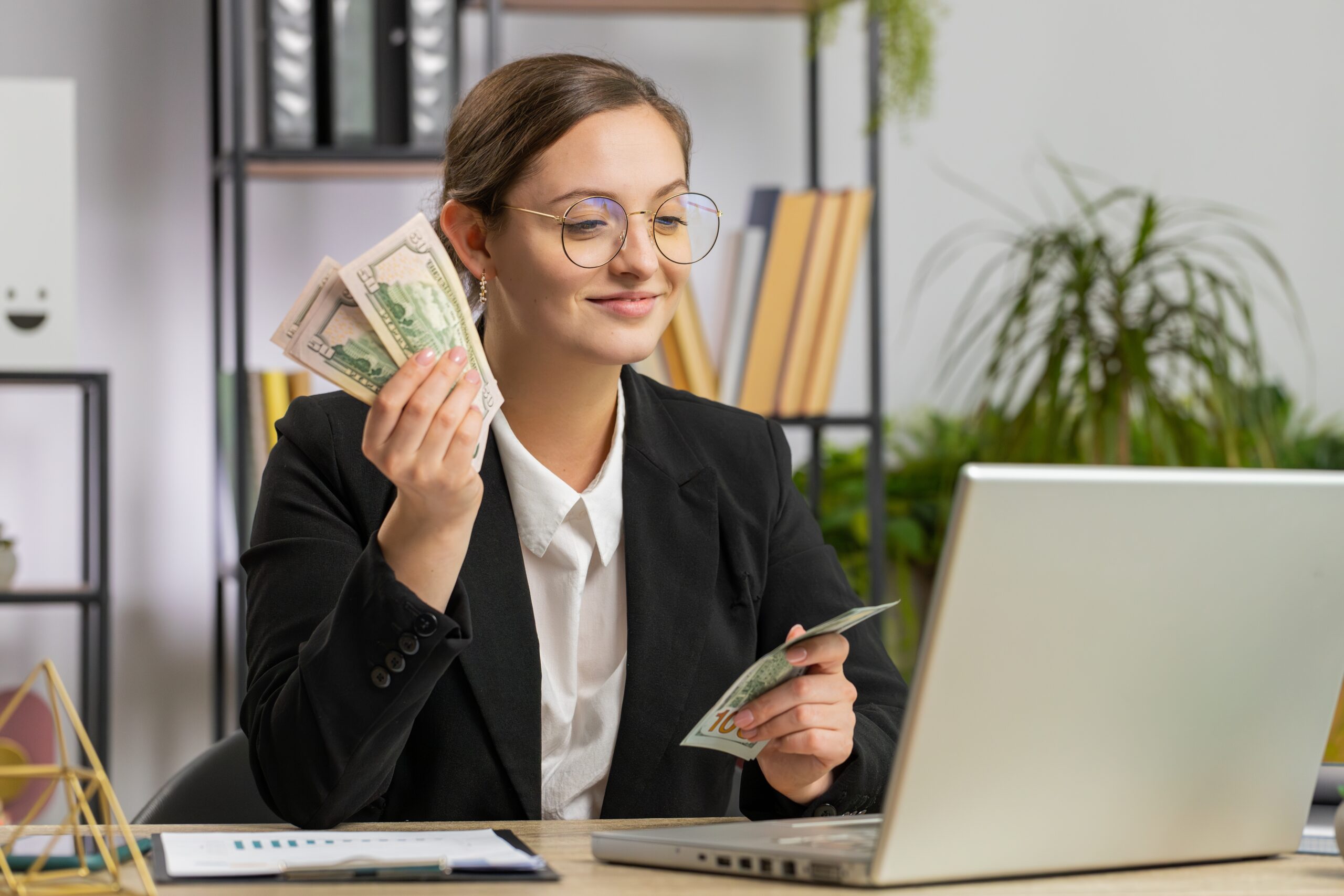 Professional manager, freelancer girl in suit.