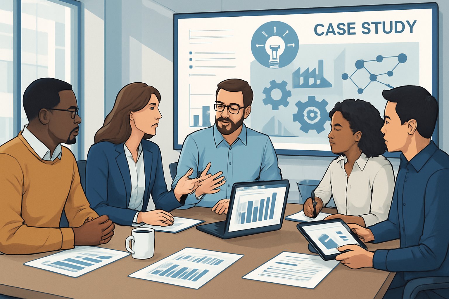 A group of professionals collaborating around a table with laptops and charts in a modern office setting.