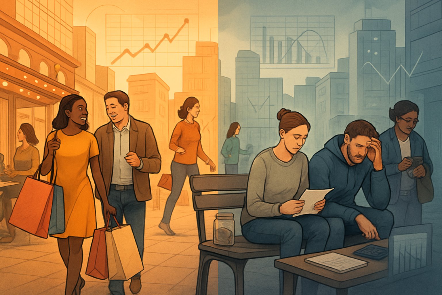 A diverse group of people in an urban setting showing different financial situations, with some enjoying leisure activities and others managing financial challenges.