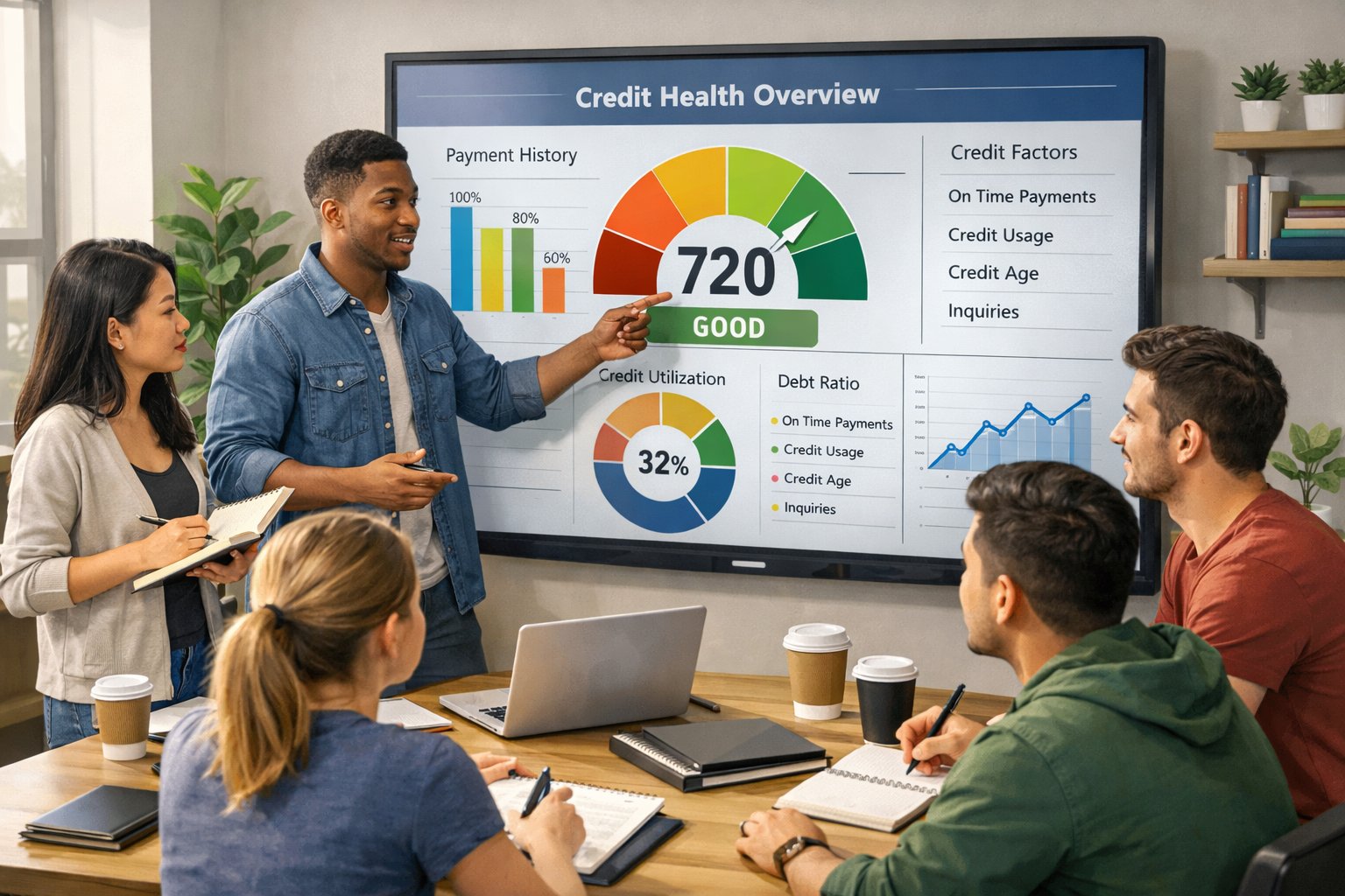 A group of young adults reviewing credit information on a large digital screen in an office setting.