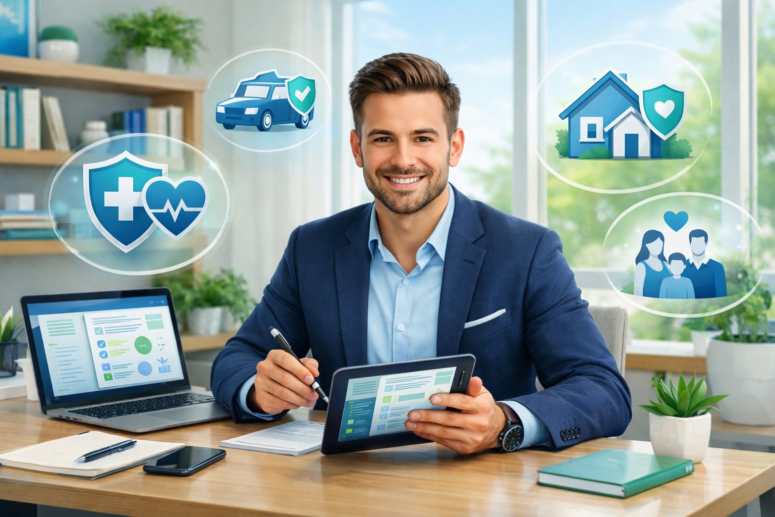 A millennial financial advisor reviewing insurance policies on a tablet and laptop at a modern office desk surrounded by icons representing different types of insurance.