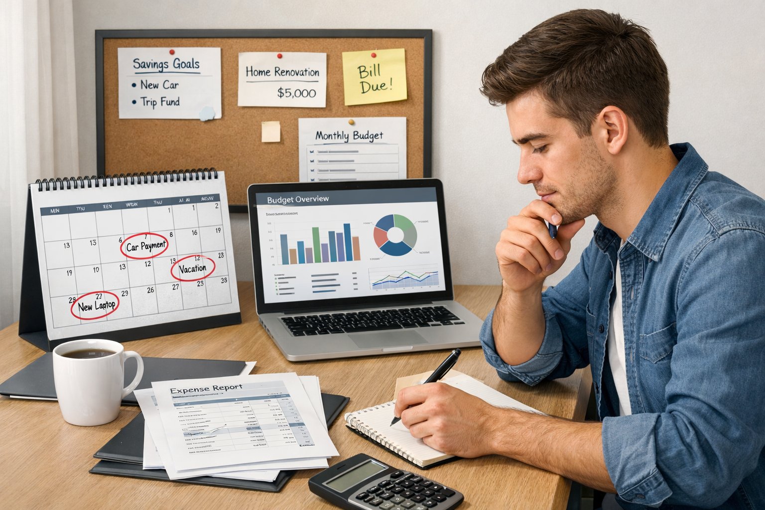 A young adult at a desk planning major expenses with a laptop, calendar, documents, and a calculator.