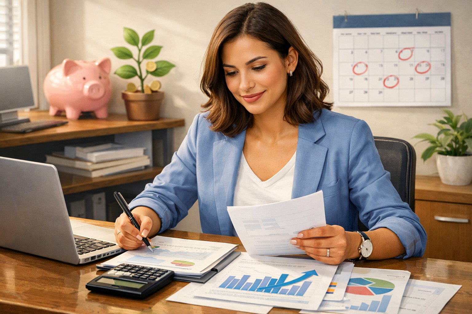 A person reviewing financial documents at a desk with a laptop, calculator, and charts showing growth, surrounded by symbols of financial planning.