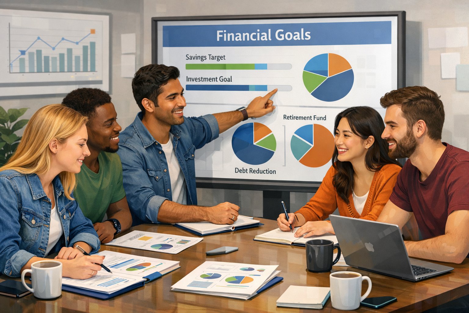 A group of young adults reviewing financial documents and digital charts together in a bright office setting.