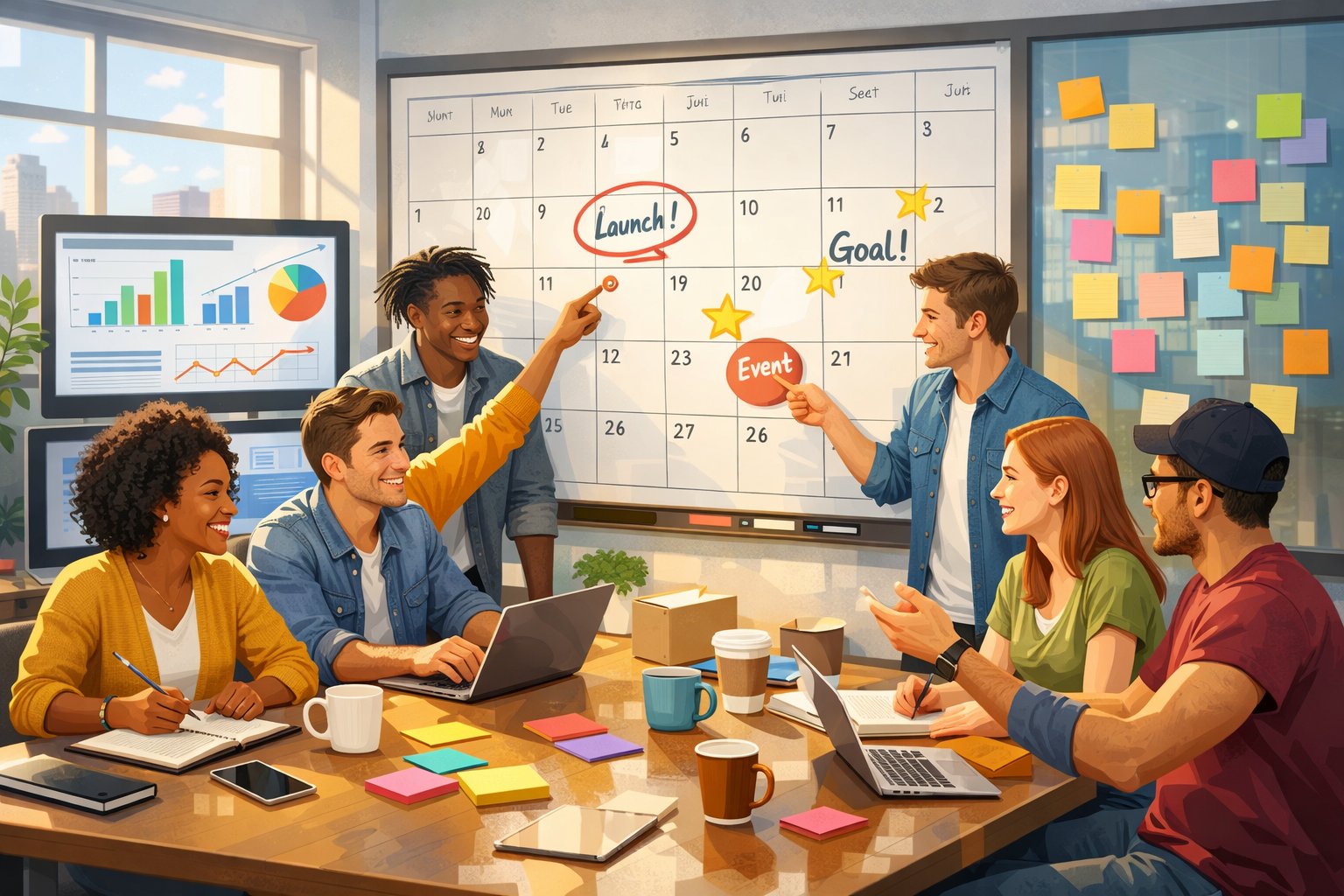 A group of young adults in an office celebrating achievements and planning future goals around a calendar and charts.