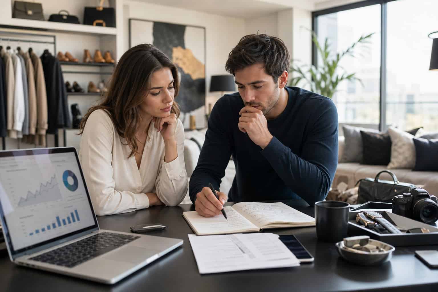 A young couple in a modern home office reviewing finances with a laptop and notes, surrounded by luxury items and stylish decor.