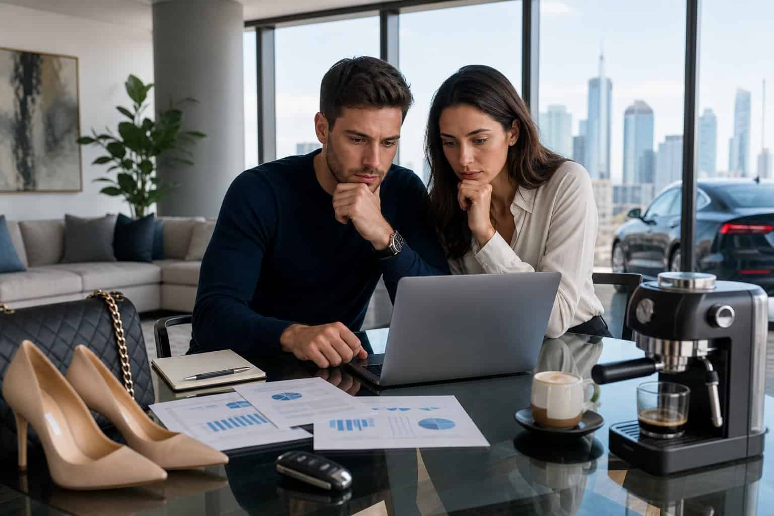 A young professional couple in an urban apartment reviewing their finances with a laptop and luxury items around them.