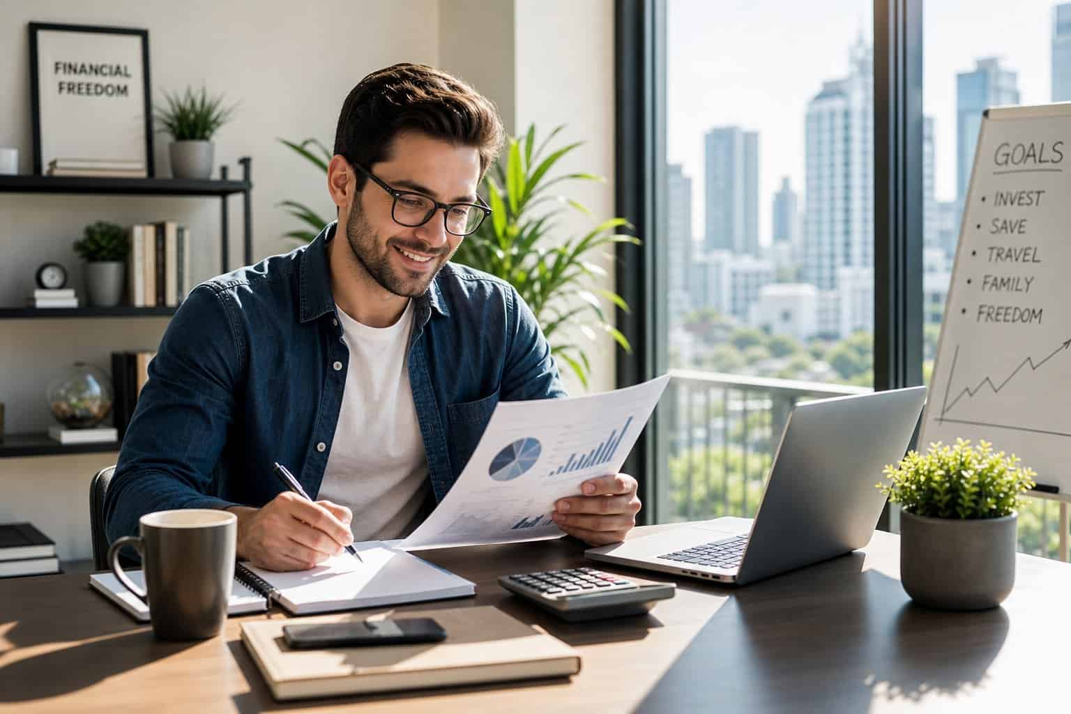 A young professional working at a desk with a laptop and financial documents in a bright home office with a city view.