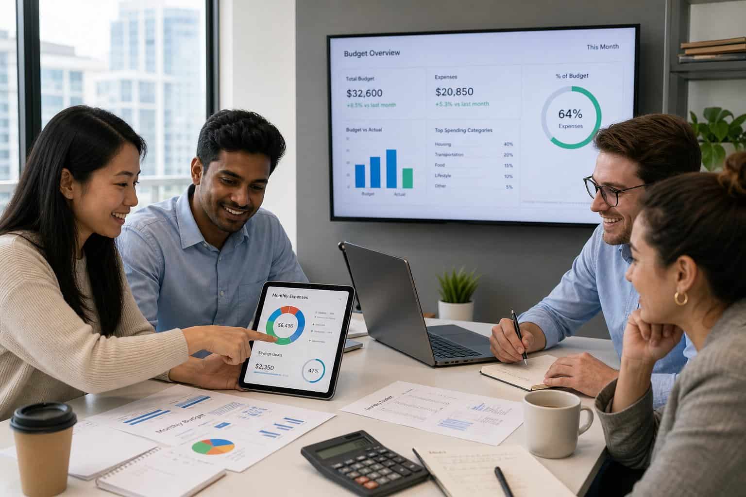 A group of young professionals working together around a table with laptops and financial documents in a bright office.