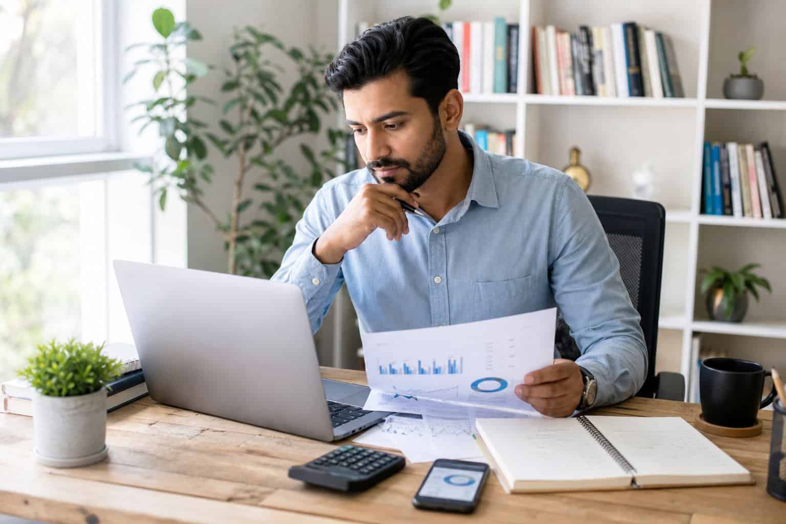 A young professional working at a desk with financial documents and a laptop in a bright home office.