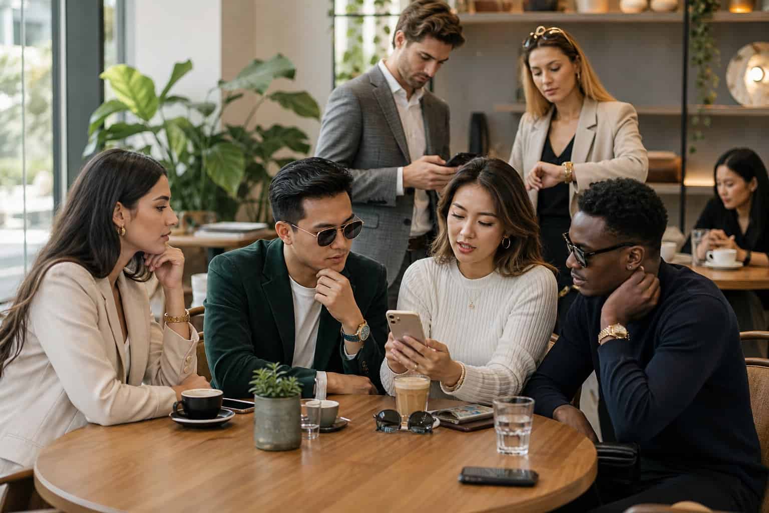 A group of adults in a modern coffee shop interacting and using smartphones, showing subtle social comparison and lifestyle influences.