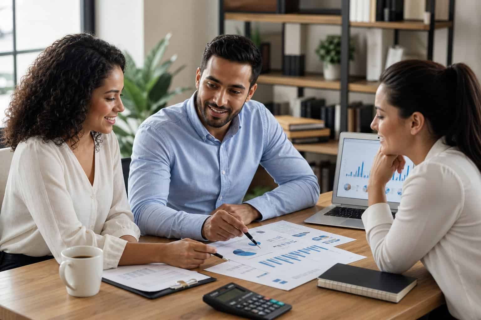 Three adults working together around a desk with financial documents and a laptop in a bright home office.