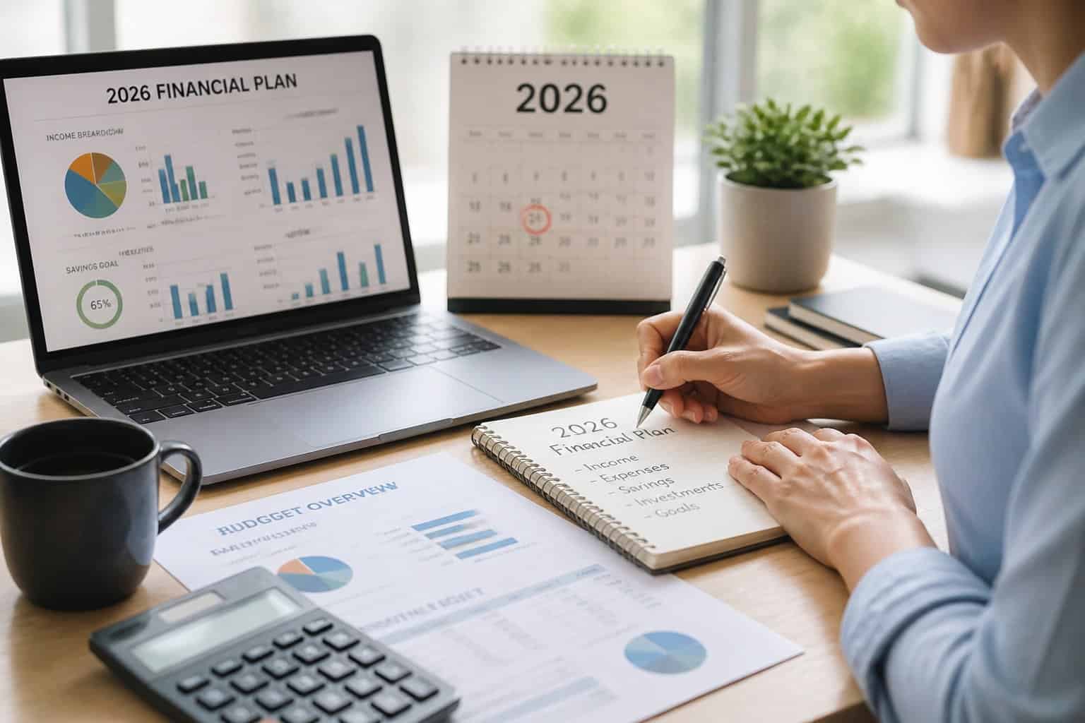 Person working at a desk with a laptop, notepad, and calculator, planning their finances for the year 2026.