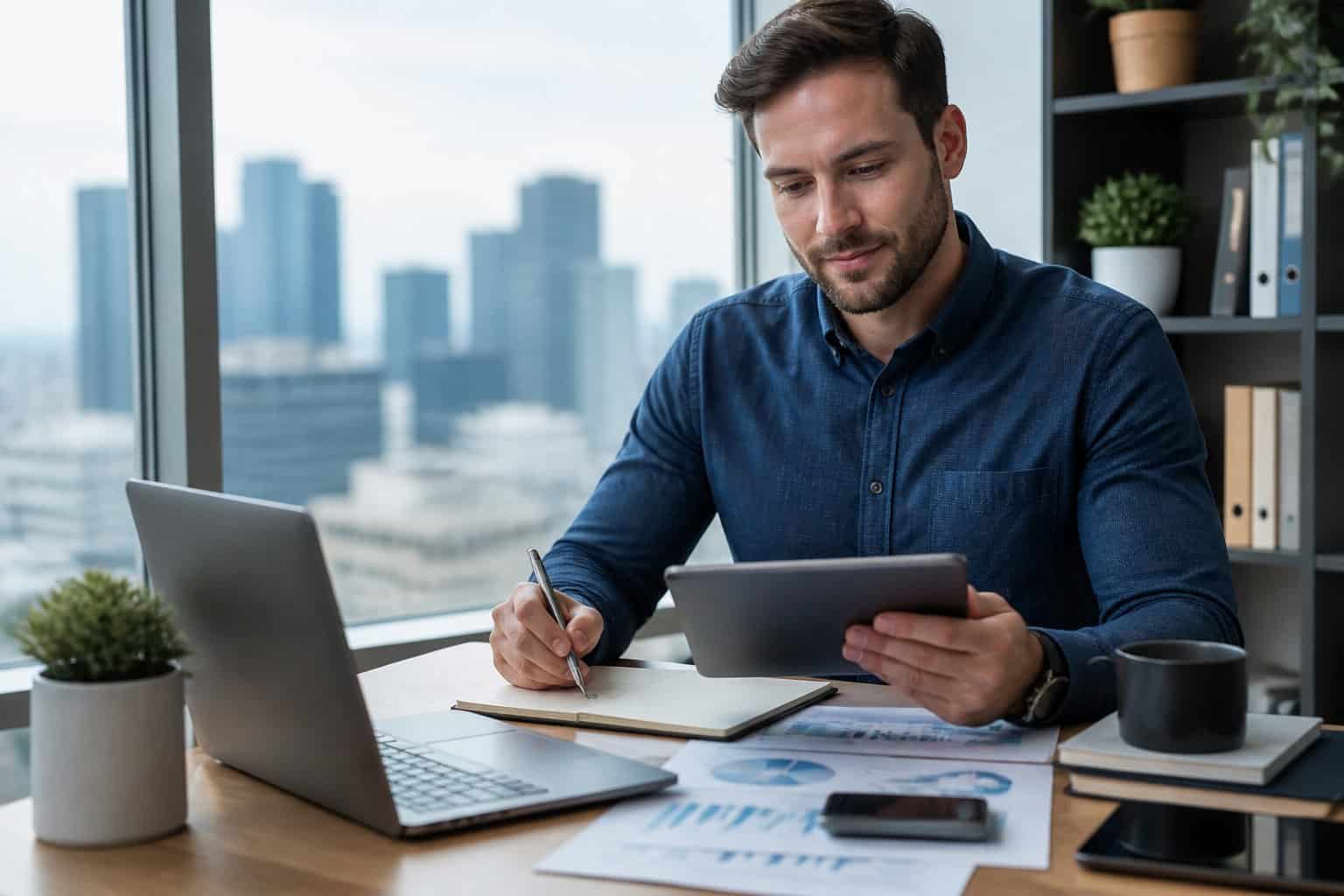 A business professional working at a desk with digital devices showing financial charts in a bright office with a city view.