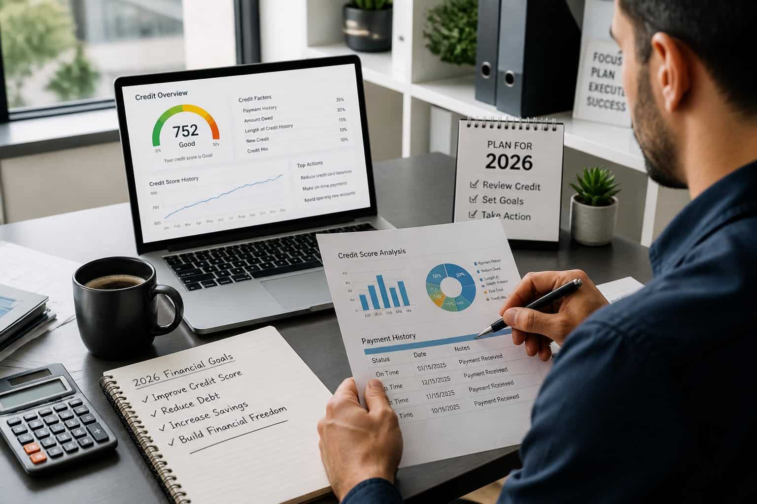 A person reviewing financial documents and credit score charts at a desk with a laptop, calculator, and notebook in a bright office.