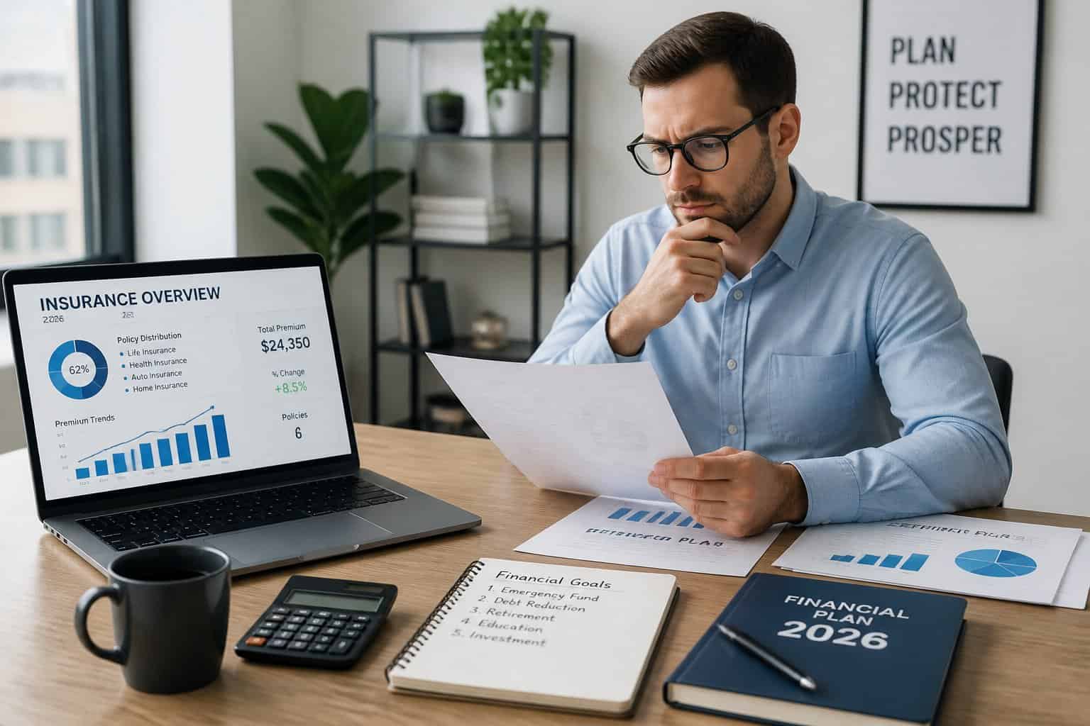 Person reviewing insurance documents at a desk with a laptop, calculator, and paperwork in a modern office.