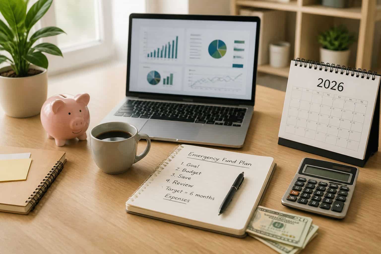 A workspace with a laptop showing financial charts, a notebook, calculator, piggy bank, and a calendar open to 2026.