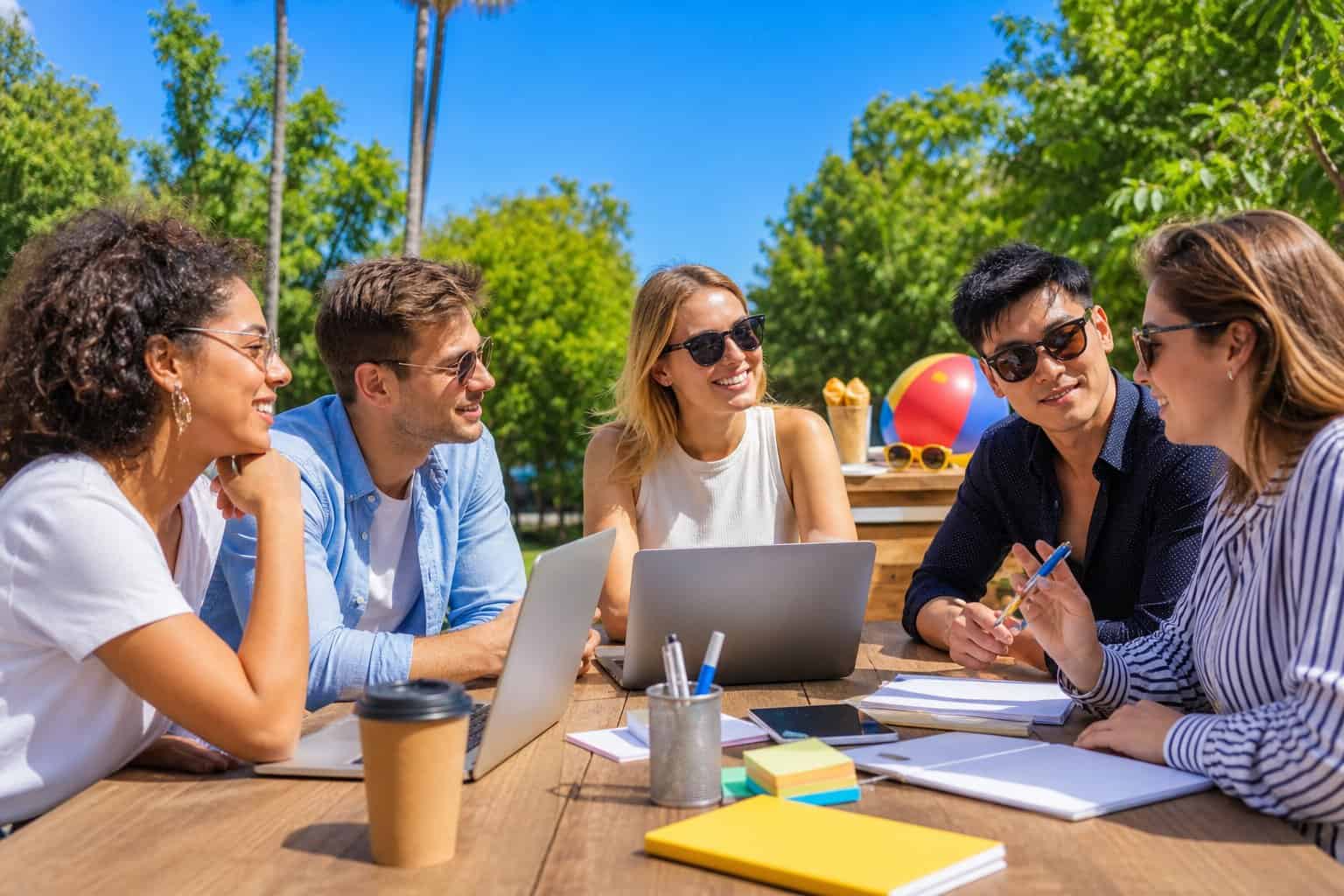 A group of young professionals brainstorming summer business ideas outdoors on a sunny day around a table with laptops and notebooks.