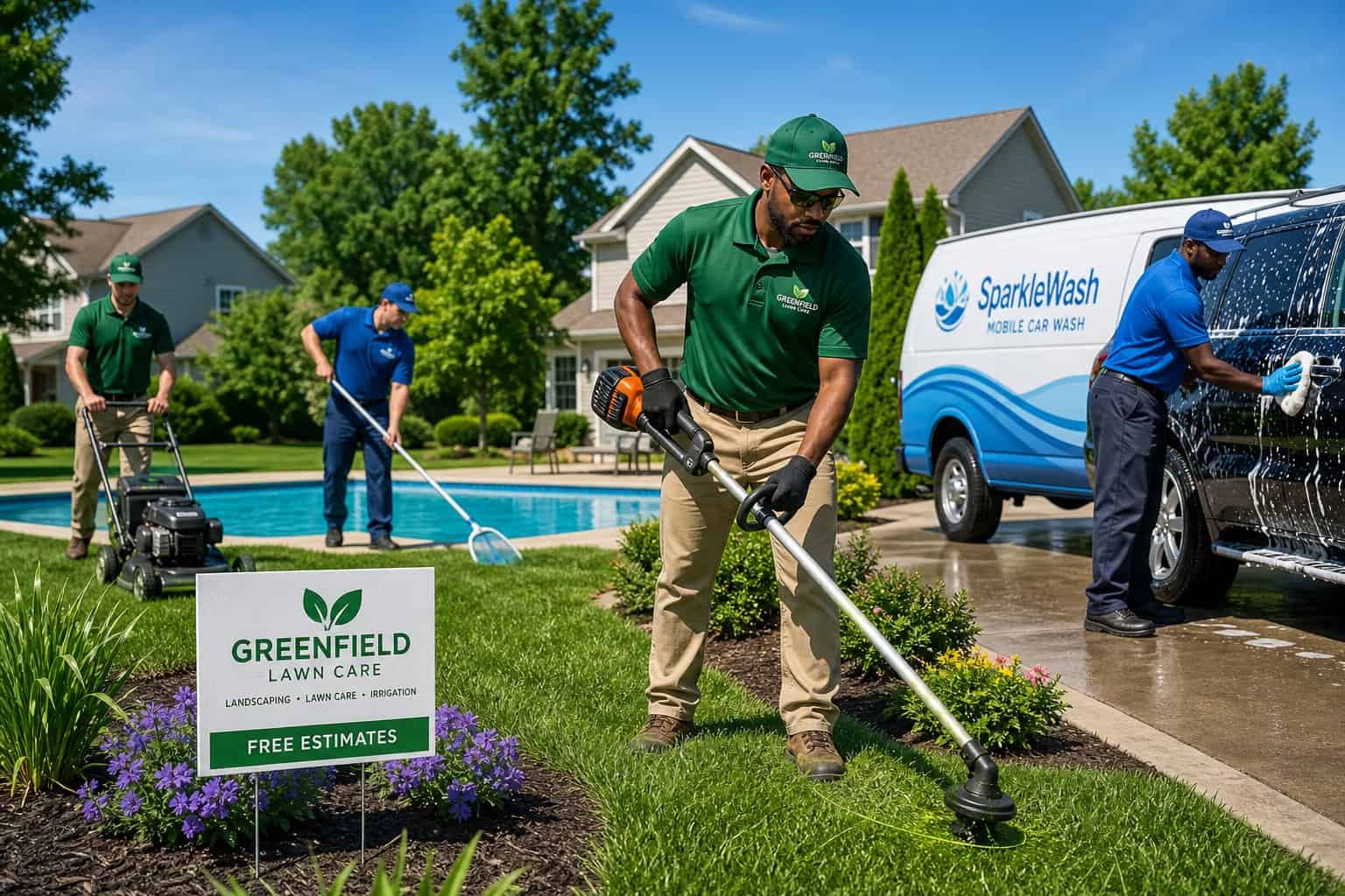 Outdoor workers performing lawn care, landscaping, pool cleaning, and car washing in a sunny suburban neighborhood.