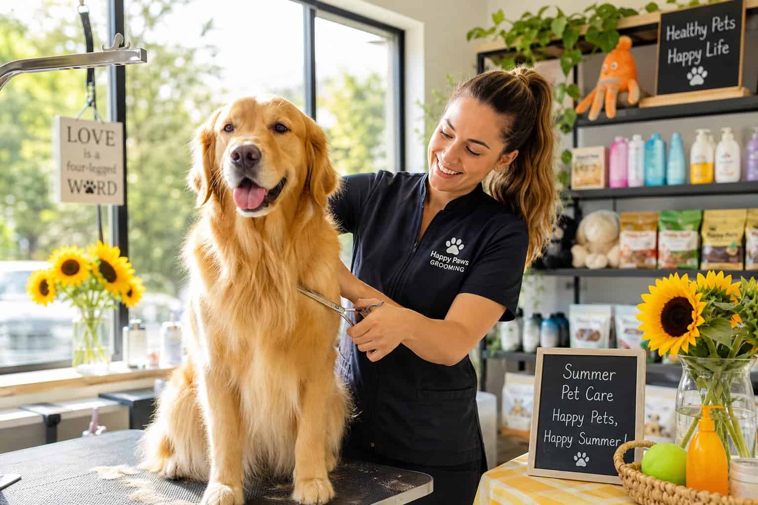 A pet groomer trimming a golden retriever in a bright pet grooming salon with shelves of pet products and summer decorations.