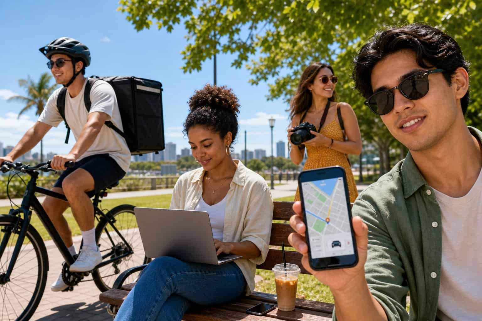 People outdoors on a sunny day engaged in various app-based side hustles like food delivery, working on a laptop, and using a smartphone.
