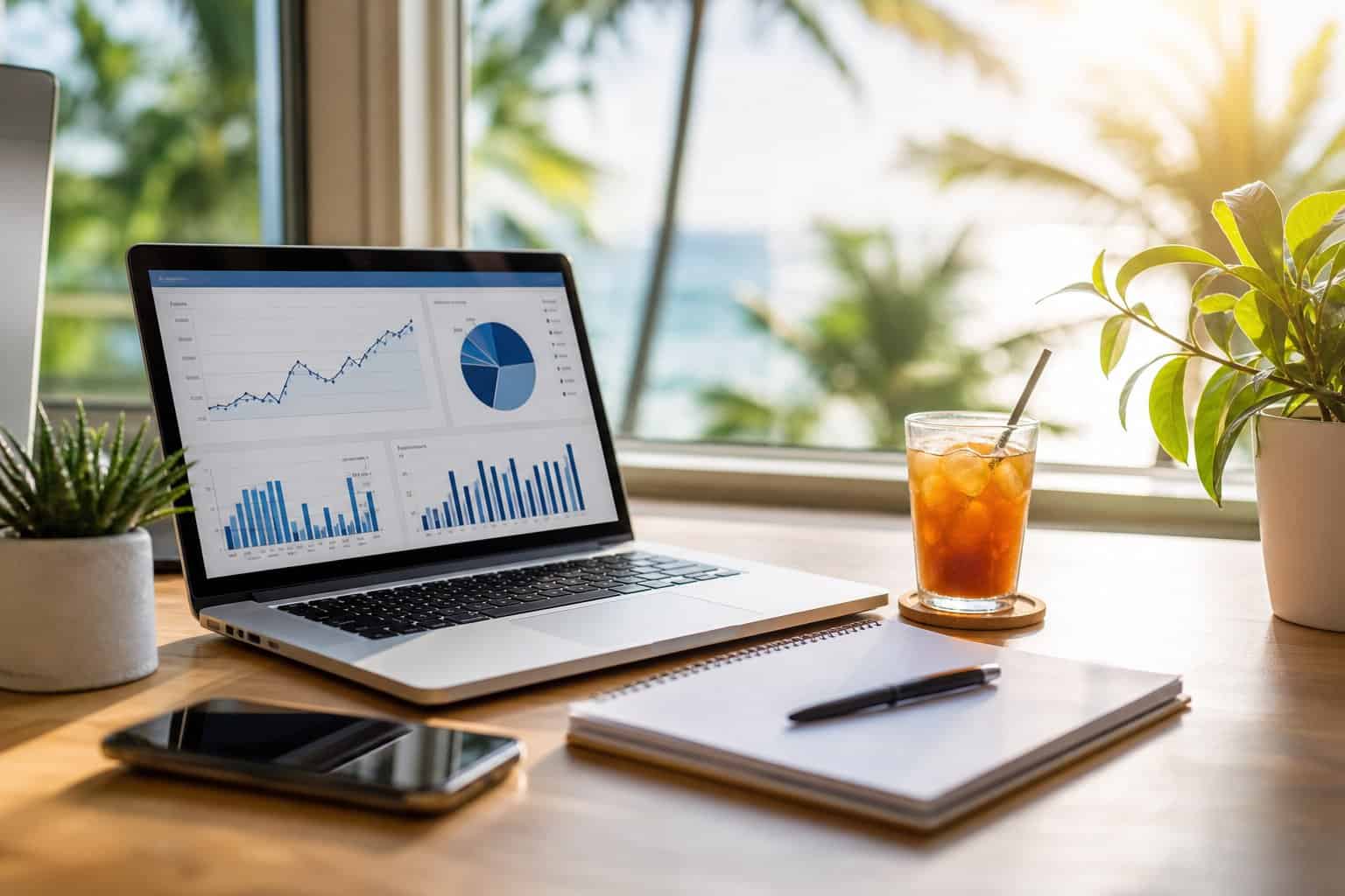A modern home office with a laptop showing financial charts, a smartphone, notebook, and a cold drink on the desk near a sunlit window.