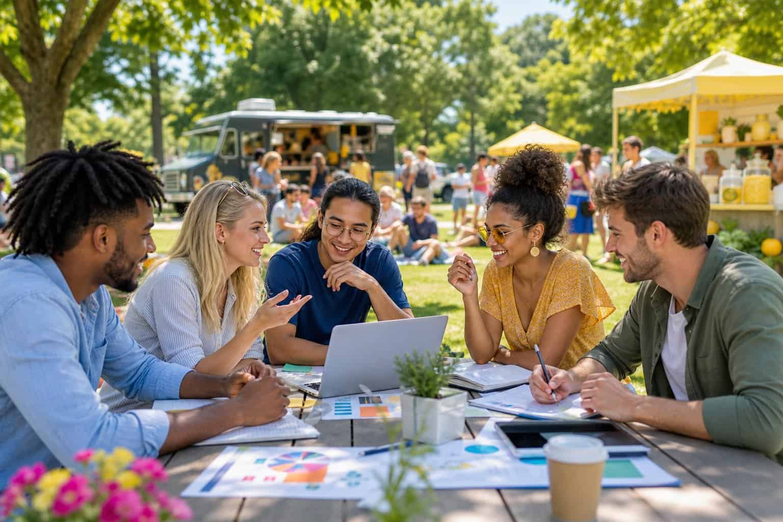 A group of young entrepreneurs working together outdoors on a sunny summer day with laptops and notebooks, surrounded by summer activities in a park.