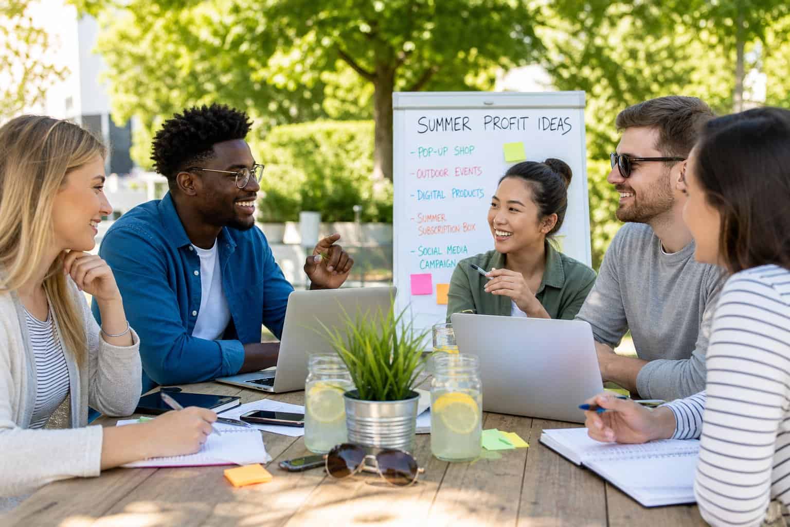 A group of young people outdoors on a sunny day, discussing business ideas around a table with laptops and notebooks.