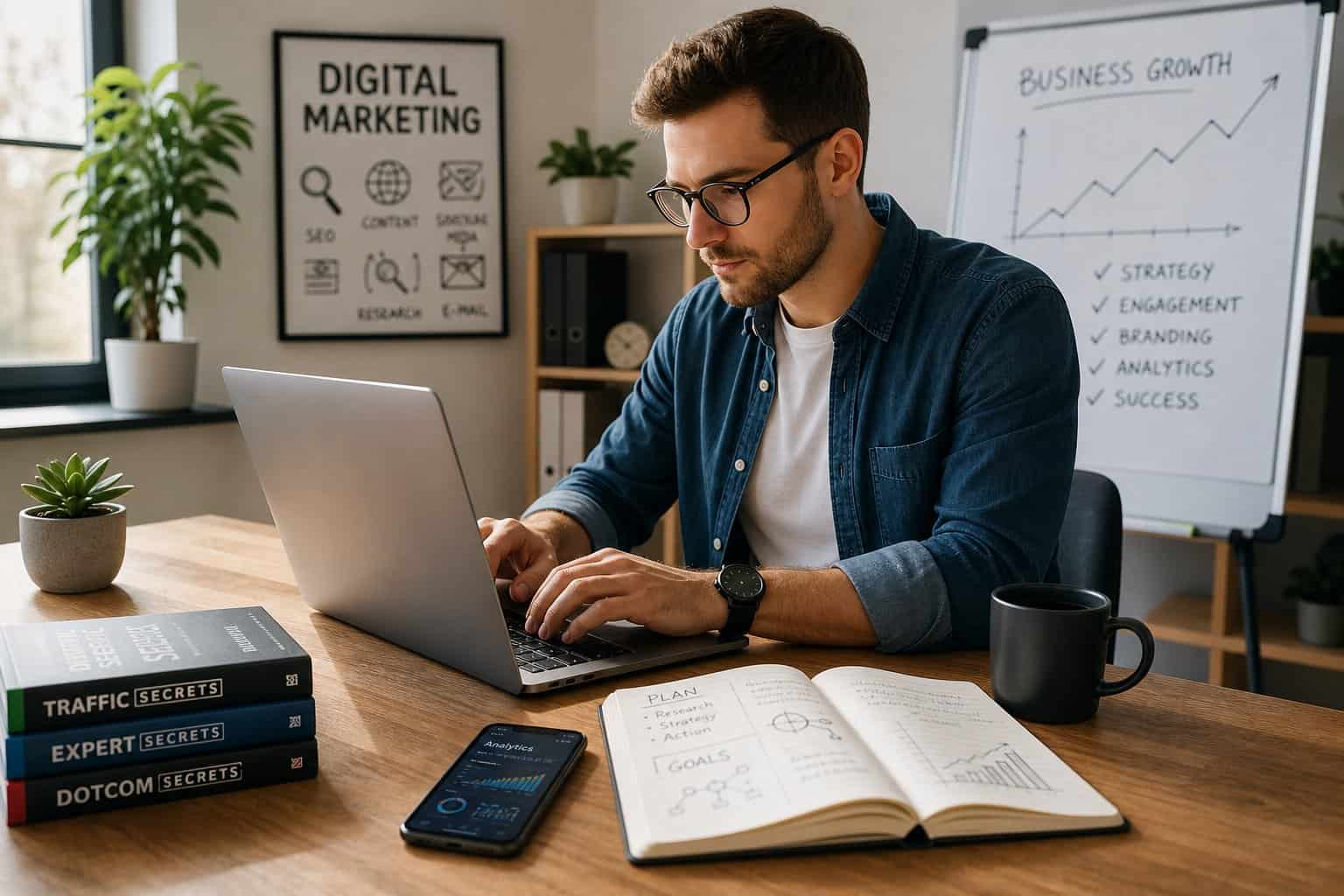 A person working at a clean desk with a laptop, notebook, smartphone, and coffee, focused on freelance business tasks.