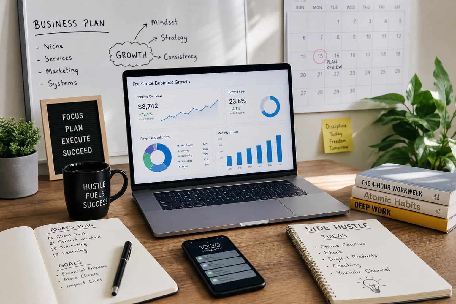 A modern home office workspace with a laptop showing business charts, a notebook, smartphone, coffee cup, and a calendar in the background.