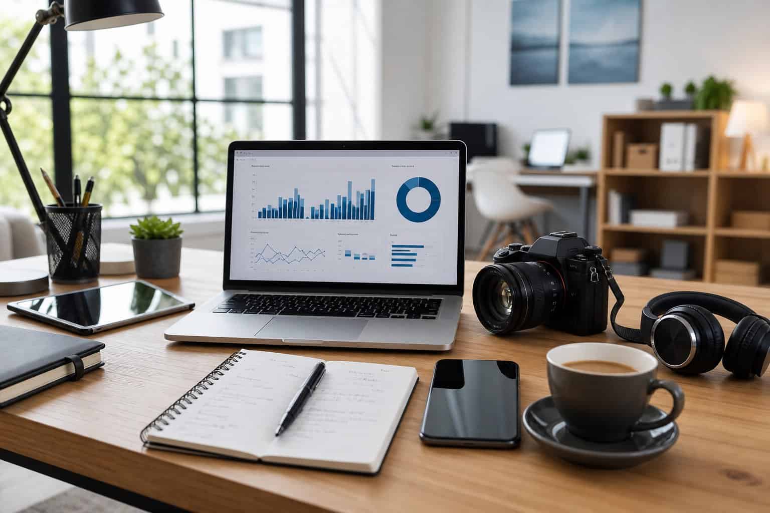 A modern workspace with a laptop, smartphone, notebook, coffee cup, and various freelance tools on a desk in a bright office.