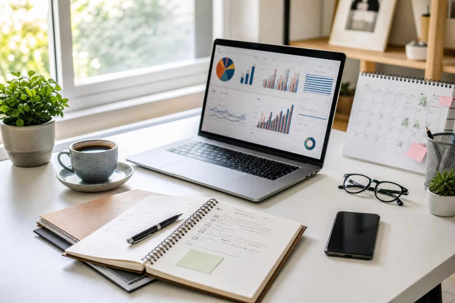 A bright workspace with a laptop, notebook, smartphone, coffee cup, and calendar, symbolizing the start of a freelance business.