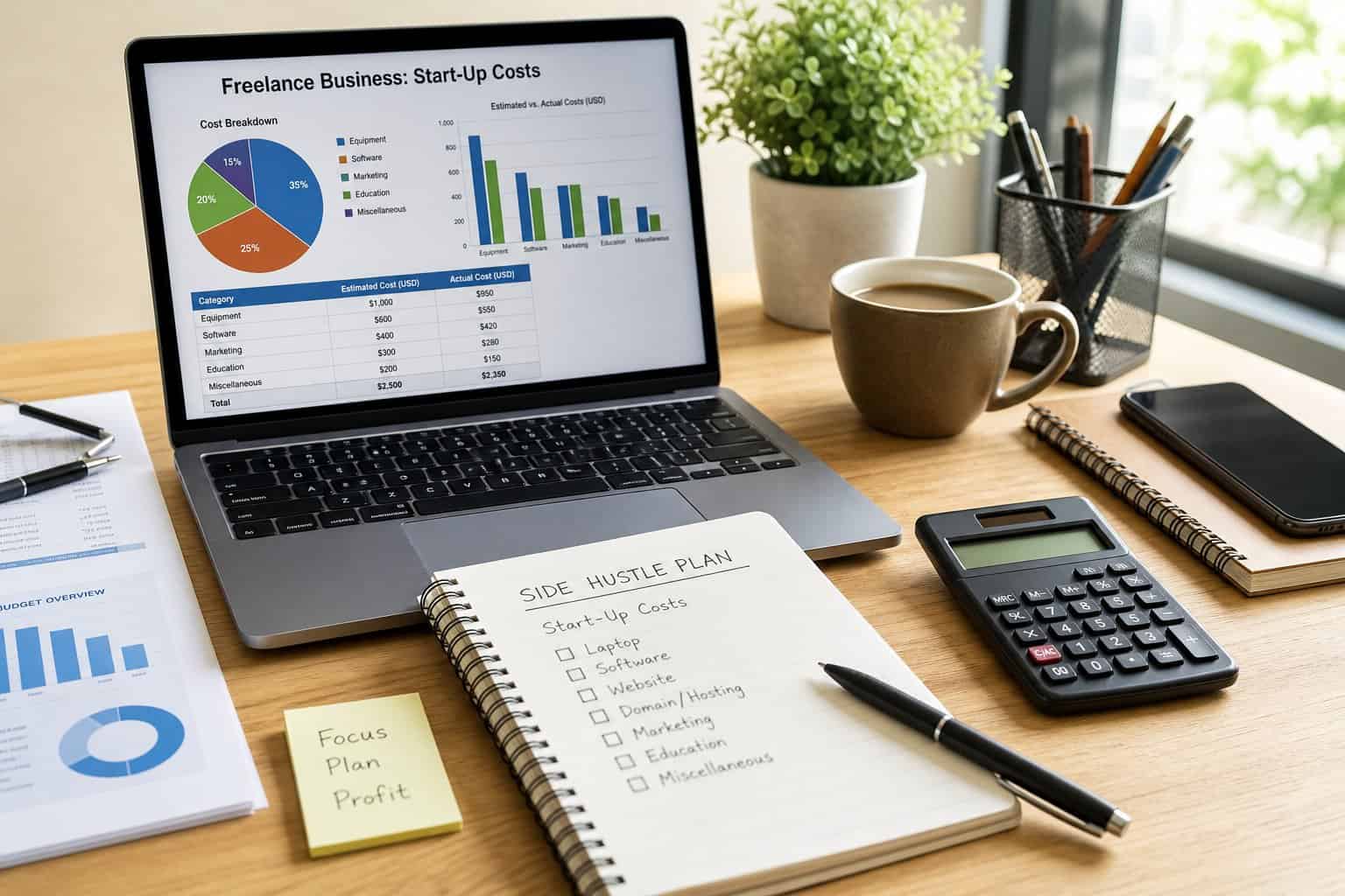 A workspace with a laptop showing financial charts, a calculator, notebook, and coffee cup on a desk.