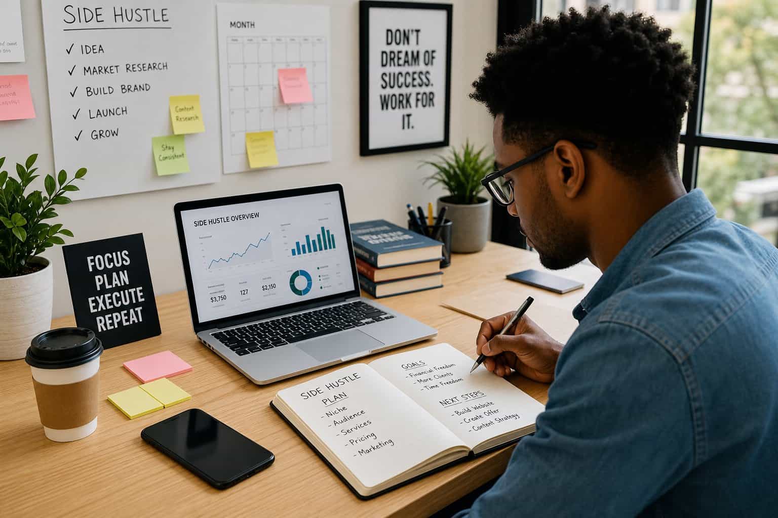 A person working at a desk with a laptop, notebook, and coffee in a bright office, planning a freelance business strategy.