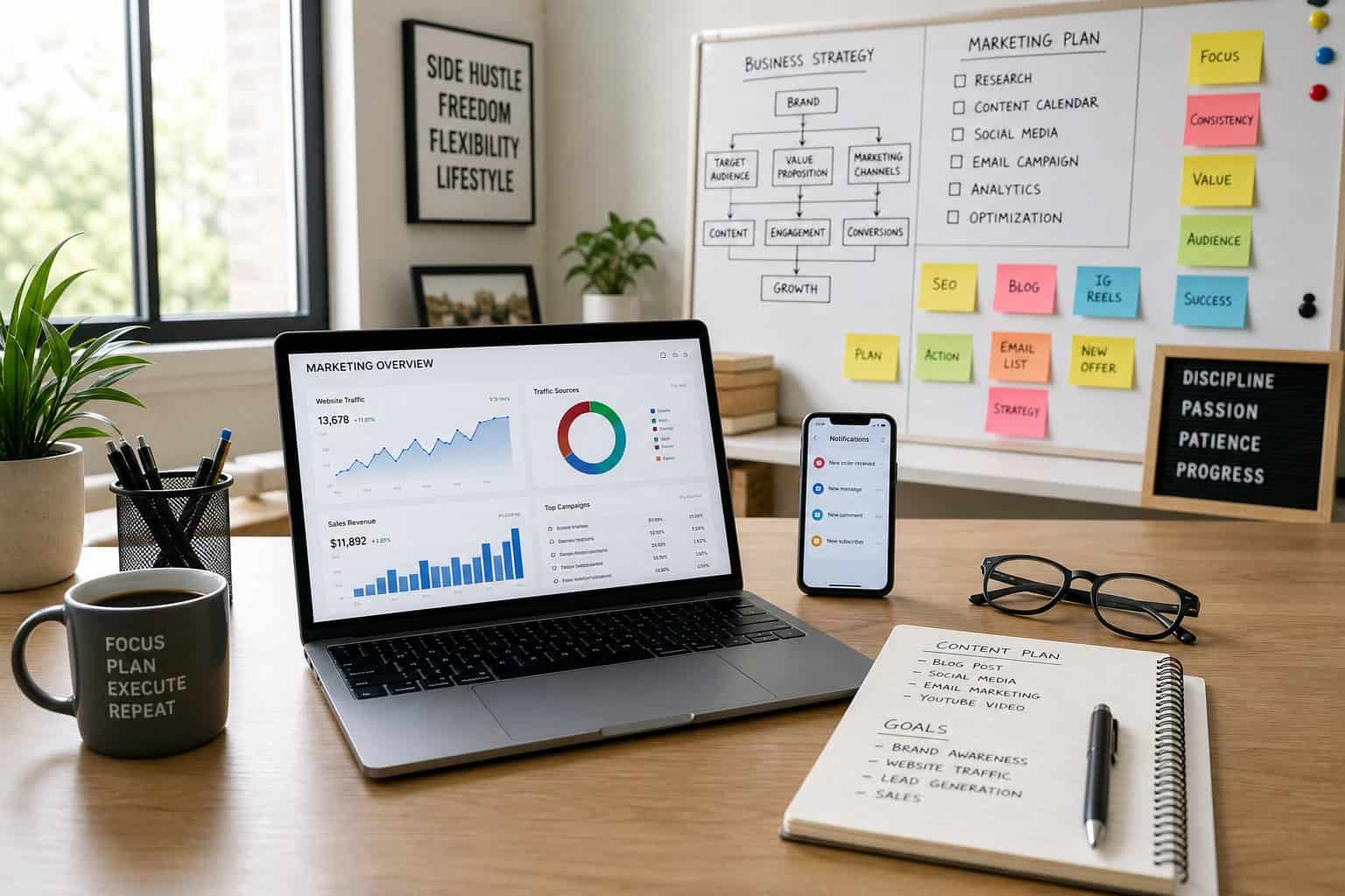 A home office desk with a laptop, smartphone, notebook, coffee cup, and a board with sticky notes in the background.