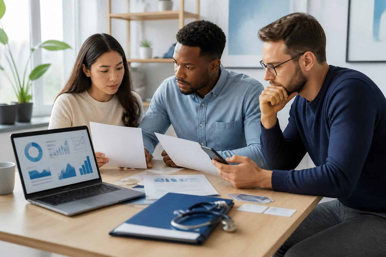 Millennial adults review medical billing and financial documents together at a home office table.