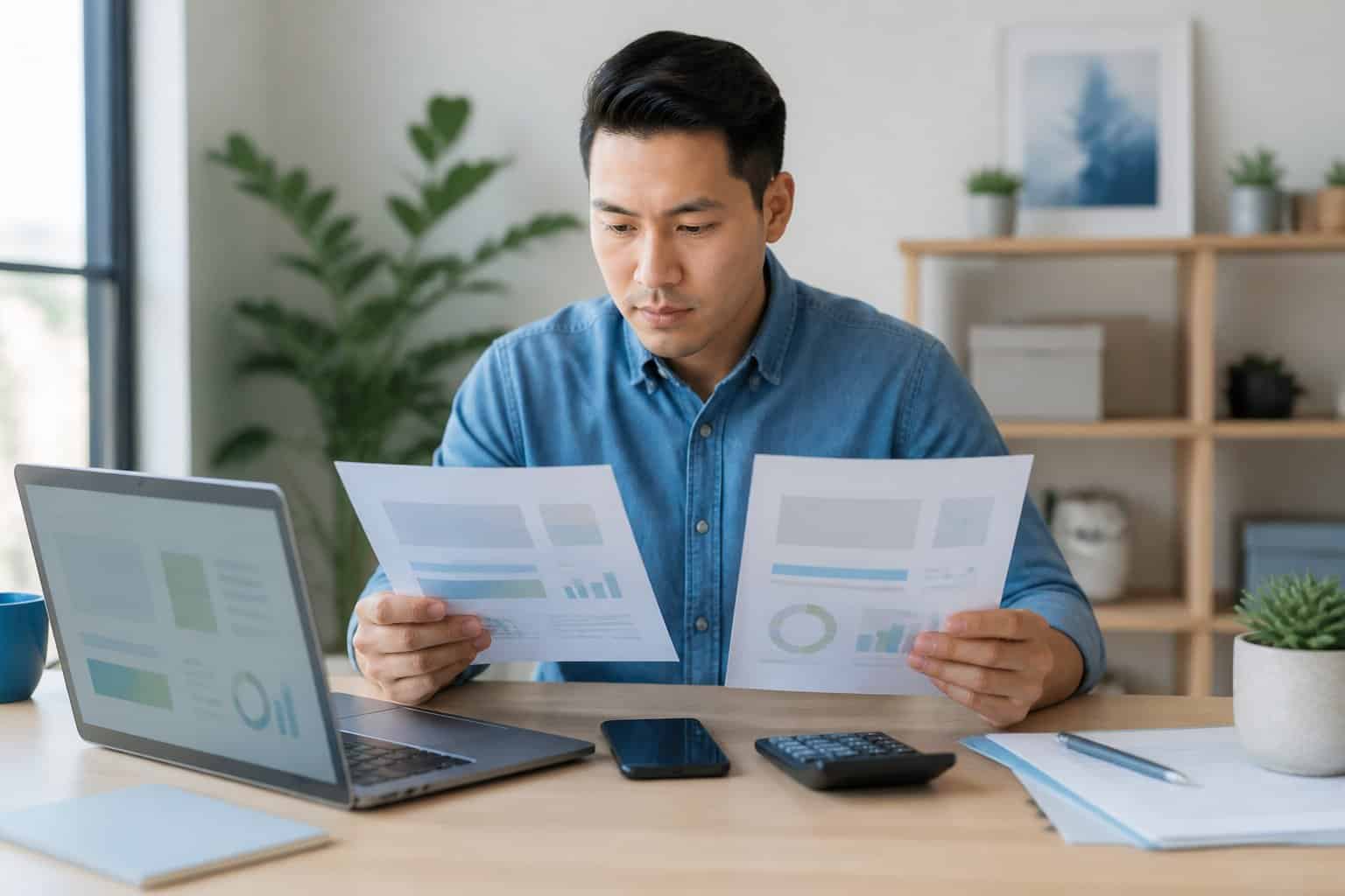 A millennial reviews medical billing and financial documents beside a laptop at a home office.