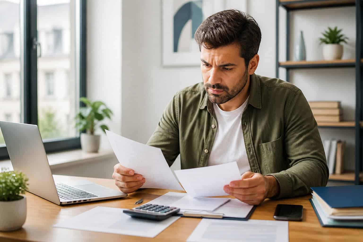 A millennial reviews medical bills and payment documents at a home office desk.