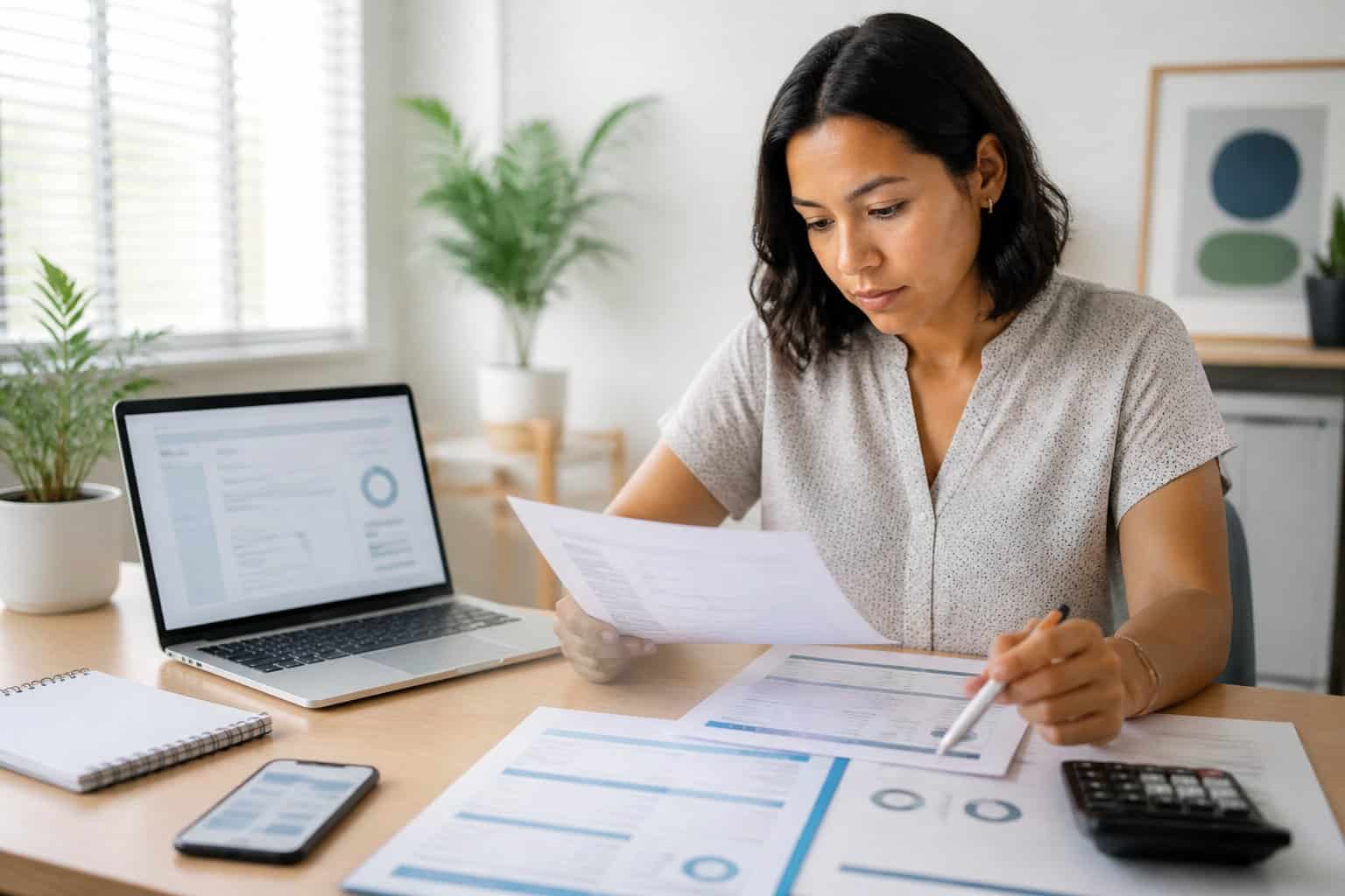 A young adult reviews medical billing documents and account information at a home workspace.