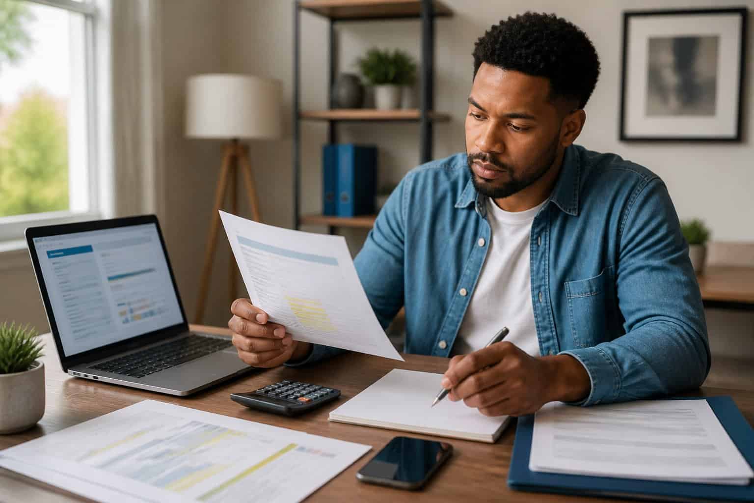 A young adult reviews medical billing papers and an abstract credit report at a home office desk.
