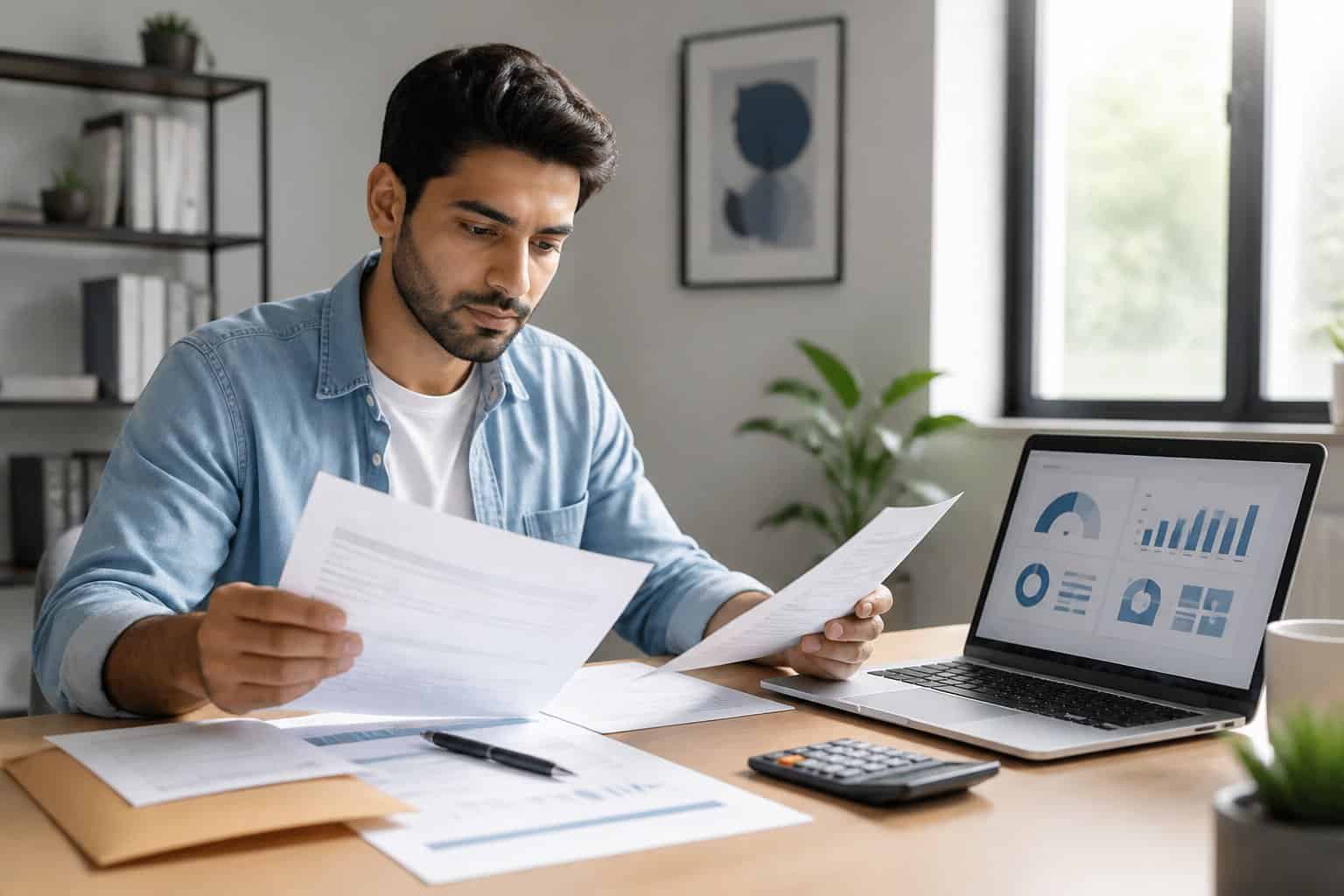 A young adult reviews medical billing and credit-related paperwork at a home office desk.
