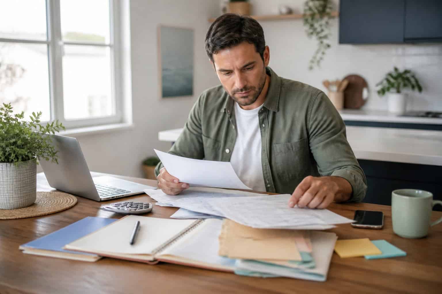 A millennial reviews dated medical bills, receipts, and insurance papers at a tidy table.
