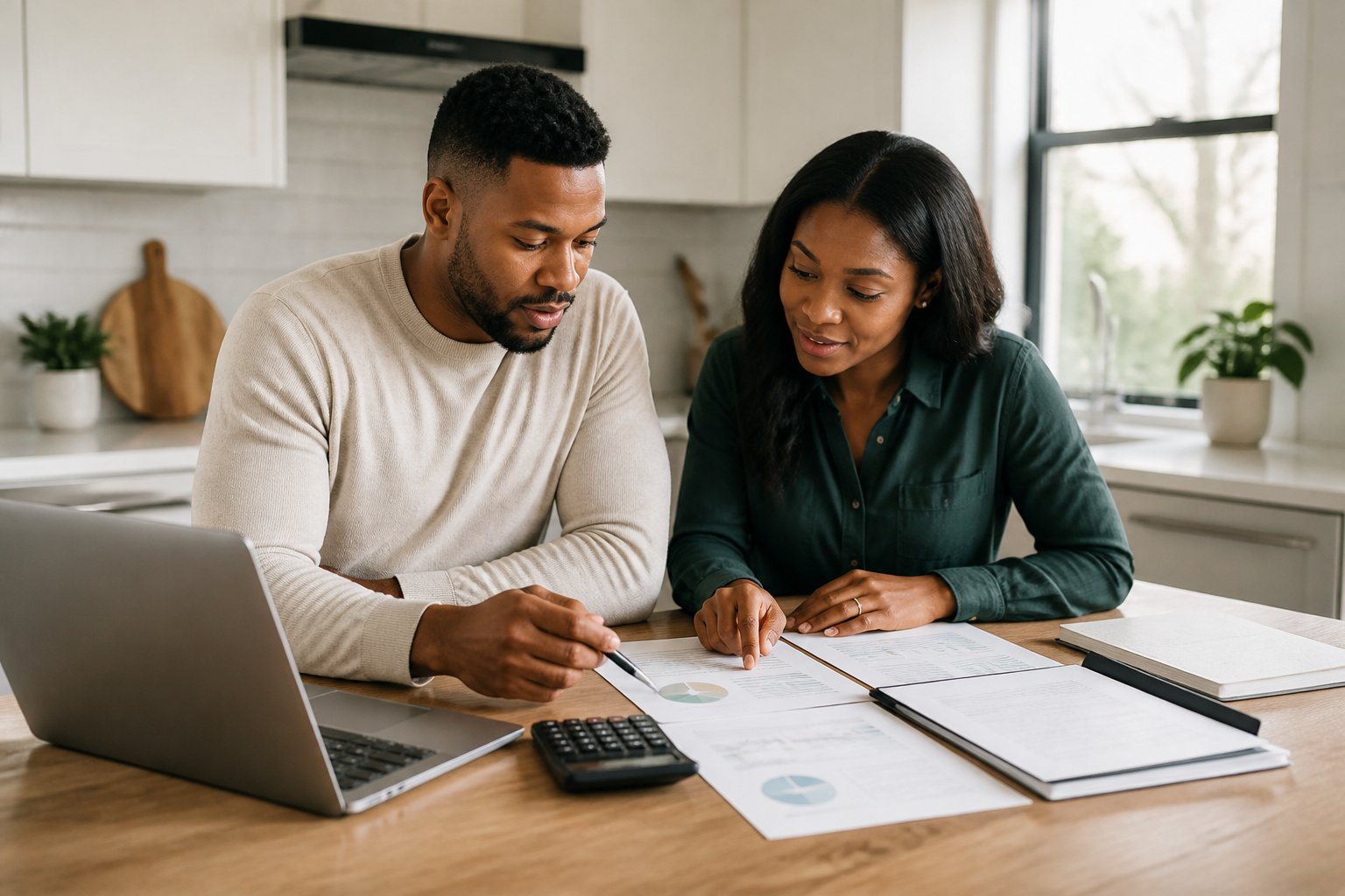 A couple calmly reviews shared financial documents and a laptop together at a table.