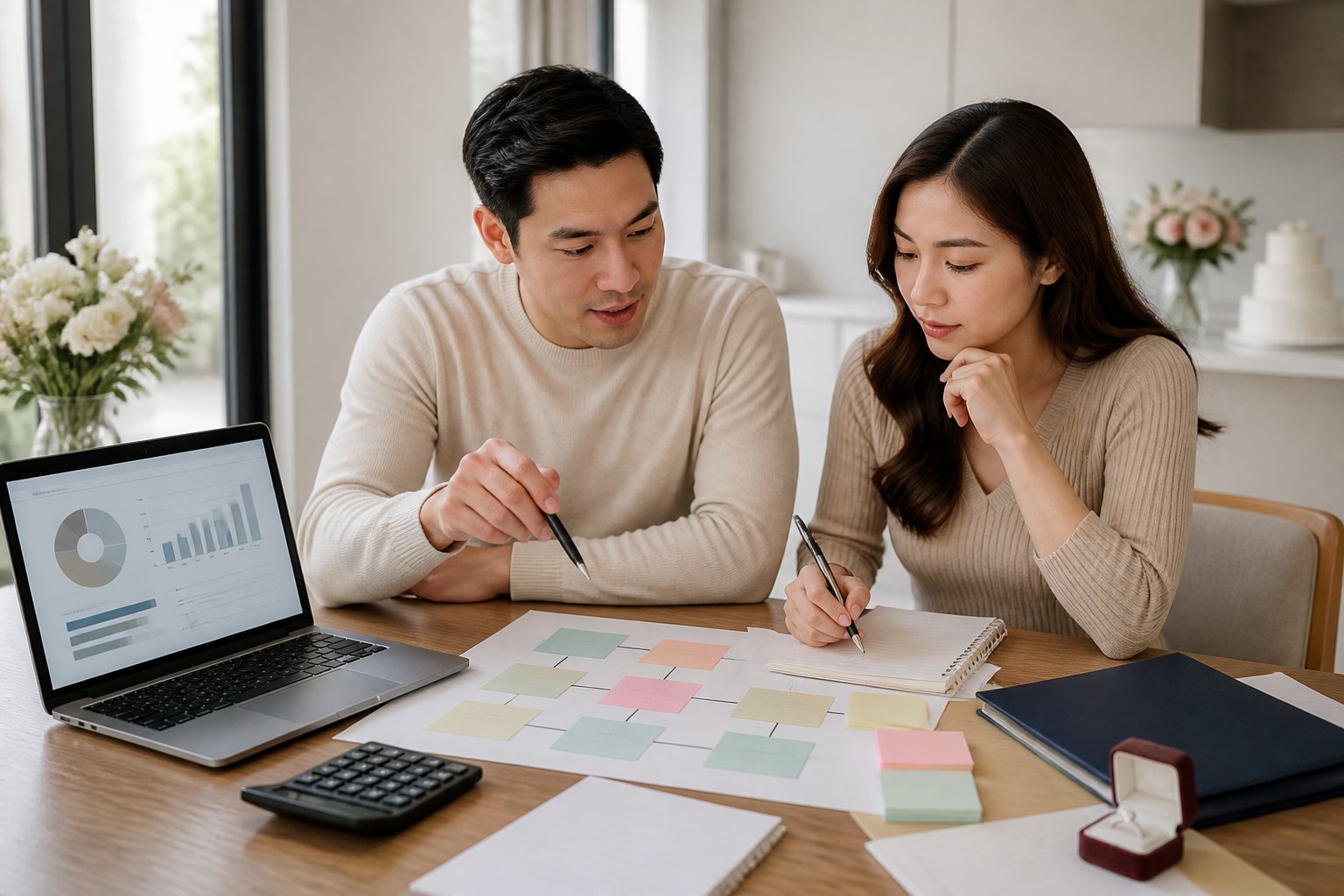 A couple reviews financial documents and planning materials together at a table before marriage.
