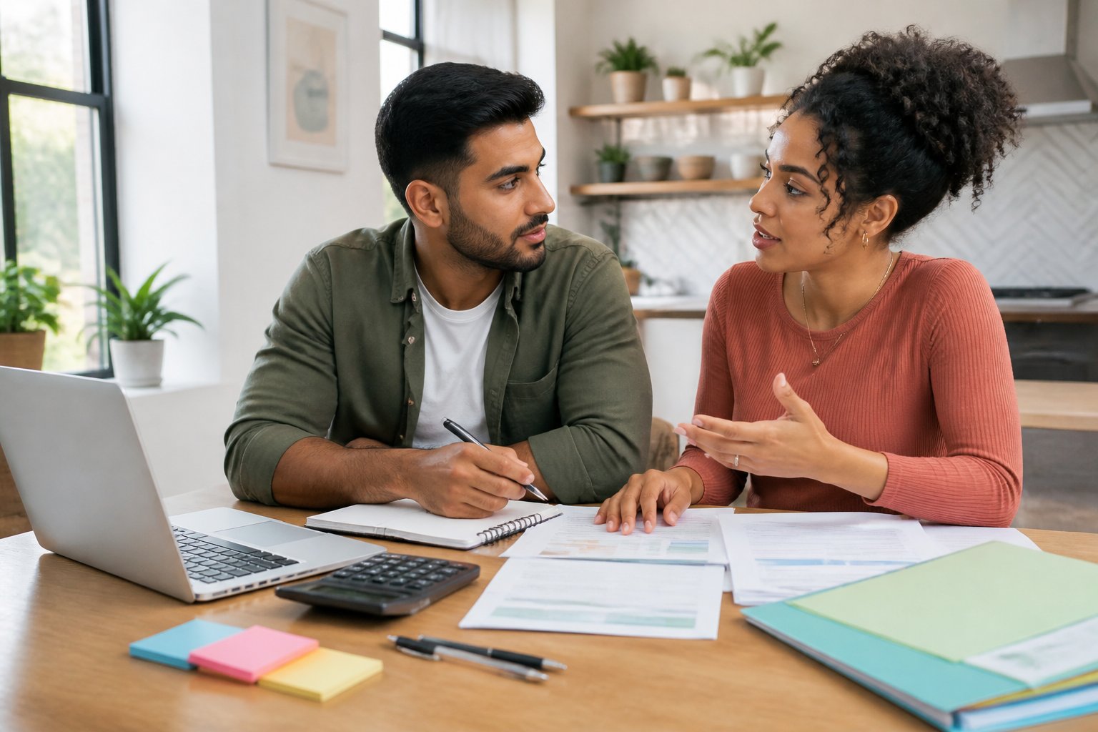 An engaged couple calmly reviews financial documents and budgeting materials together at a table.